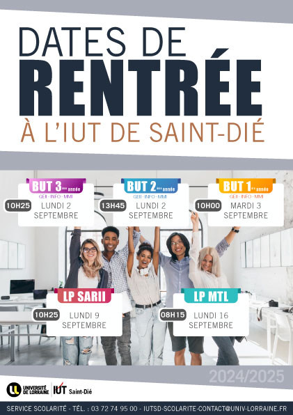 Dates rentrée IUT de Saint-Dié - 2024 2025